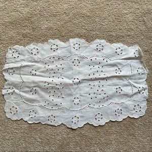 Vintage linen table runner with scalloped edge